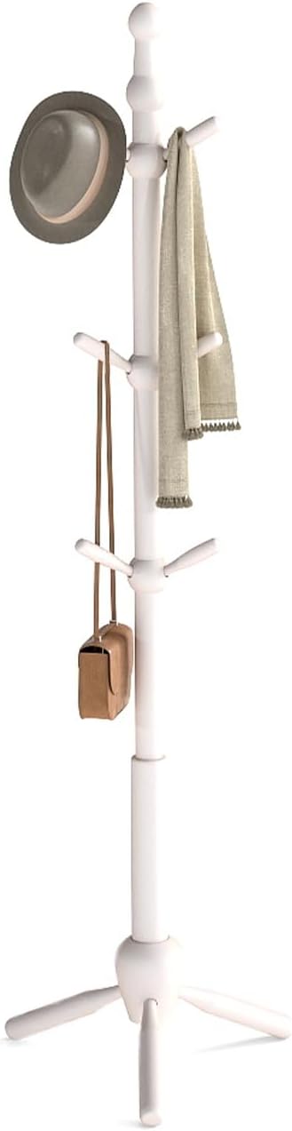 Solid Wood Coat Rack Stand, Morden Heavy Duty Coat Hanger Stand with 9 Hooks, 3 Adjustable Size Sturdy Coat Tree for Living Room, Entryway, Office, Hallway, White