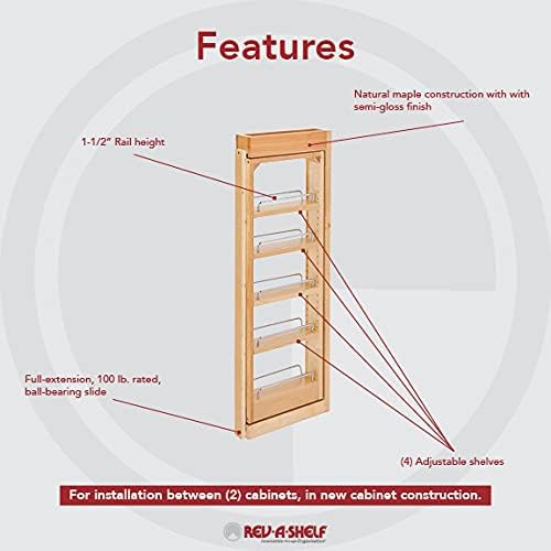 Rev-A-Shelf 3" W x 33" H Pull Out Quad Shelf Organizer for Wall & Base Kitchen Cabinets, Full Extension Filler Spice Rack, Adjustable, Wood, 432-WF33-3C