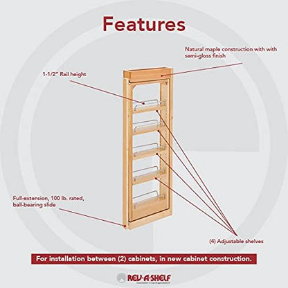 Rev-A-Shelf 3" W x 33" H Pull Out Quad Shelf Organizer for Wall & Base Kitchen Cabinets, Full Extension Filler Spice Rack, Adjustable, Wood, 432-WF33-3C