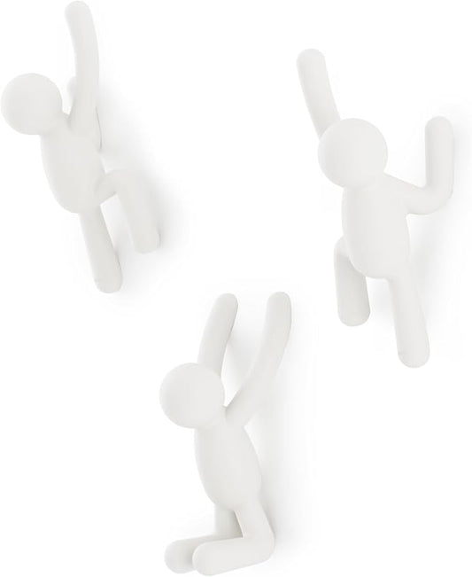 Umbra Buddy Wall Hooks – Decorative Wall Mounted Coat Hooks for Hanging Coats, Scarves, Bags, Purses, Backpacks, Towels and More, Set of 3, White