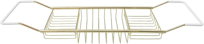Cabilock Luxury Stainless Steel Bathtub Caddy Tray - 24.8in Expandable Modern Bath Rack for Tub with Wine Glass & Book Holder - Rustproof Shower Organizer & Tablet Stand for Home Spa, Gold