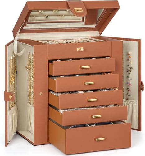 AKOZLIN 6-Tier Jewelry Box Organizer Functional 5 Drawers Leather Jewelry Storage Case for Women Girls Ring Necklace Earring Bracelet Holder Organizer with Mirror Medium Dark Orange