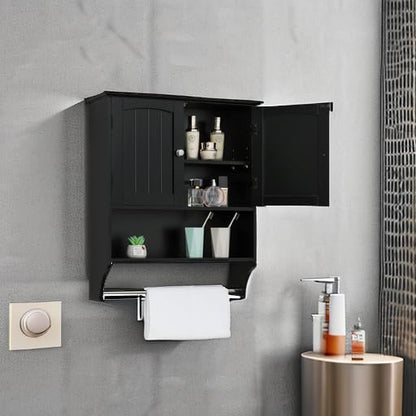 Iwell Bathroom Wall Cabinet with Adjustable Shelf & Doors, Over The Toilet Storage Cabinet, Medicine Cabinet for Bathroom, Laundry Room, Kitchen, Black