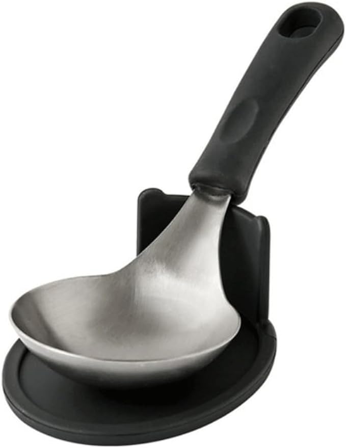 KKU-MIM Wide Head Serving Spoon with Silicon Handle, 8 inch, Stainless Steel, Includes Silicon Matching Rest, Modern Style, Various Color Available (Black)