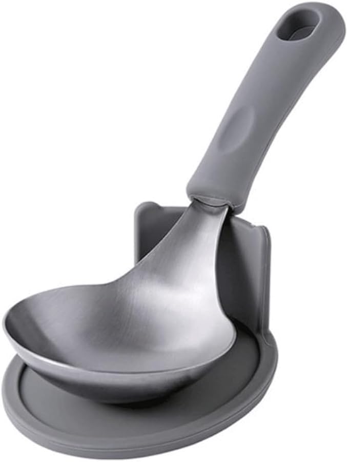 KKU-MIM Wide Head Serving Spoon with Silicon Handle, 8 inch, Stainless Steel, Includes Silicon Matching Rest, Modern Style, Various Color Available (Dark-Gray)