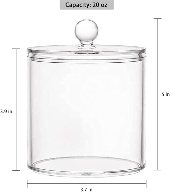 20-Ounce Qtip Holder Storage Canister Set of 2, Clear Plastic Apothecary Jar with Lid, Bathroom Makeup Organizer for Cotton Ball, Cotton Swab, Pads, Powder Puffs (2)