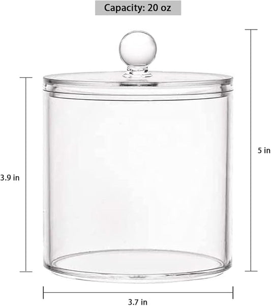 20-Ounce Qtip Holder Storage Canister Set of 2, Clear Plastic Apothecary Jar with Lid, Bathroom Makeup Organizer for Cotton Ball, Cotton Swab, Pads, Powder Puffs (2)