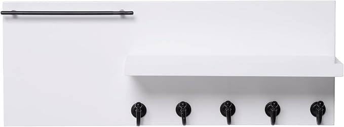 SANY DAYO HOME Real Wood Key Holder Rack Wall Mount 16 x 6 inches White Entryway Shelf with 5 Black Hooks, Metal Sunglass Bar, and Floating Board for Keychain, Purse