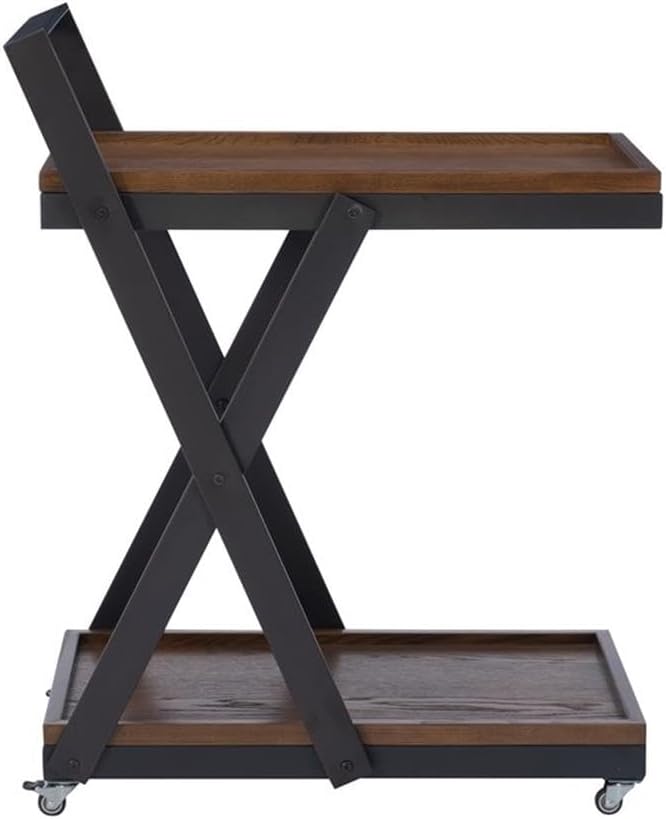 Linon Carley Dark Rustic Wood 2 Level Rolling Bar Cart with Metal Frame in Black