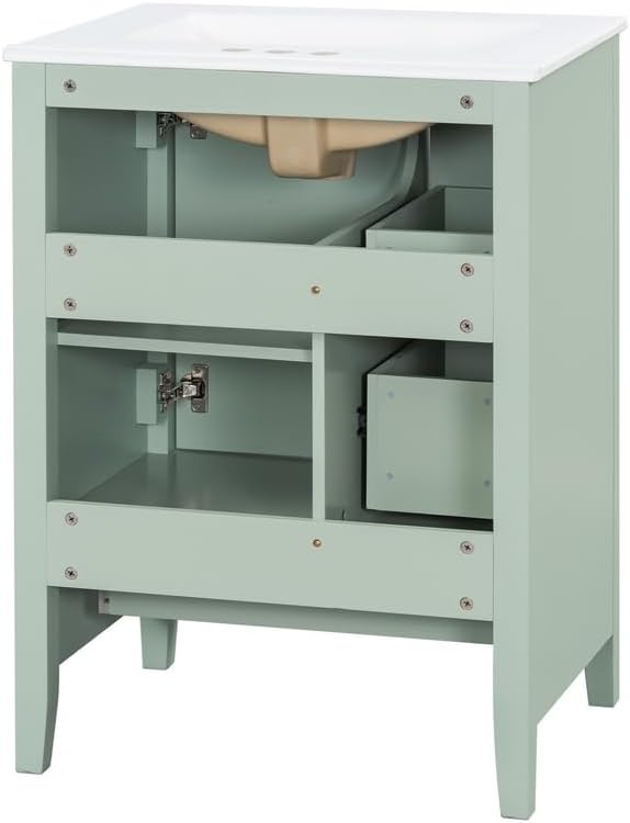 Merax 24 inch Bathroom Vanity with Drawers, Modern White Vanity for Small Bathroom with Adjustable Shelf & Removable Dividers, Easy to Clean Glossy Finish, Green