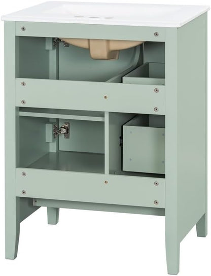 Merax 24 inch Bathroom Vanity with Drawers, Modern White Vanity for Small Bathroom with Adjustable Shelf & Removable Dividers, Easy to Clean Glossy Finish, Green