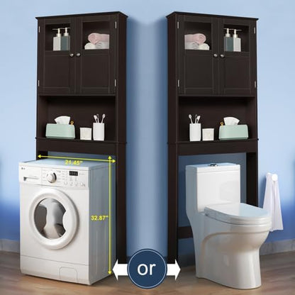 VINGLI Over The Toilet Storage Cabinet White Bathroom Storage Organizer Above The Toilet Shelf with Acrylic Glass Double Doors Wood Muebles para BañO Rack with Adjustable Shelf Espresso