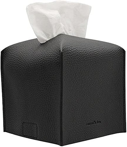 Tissue Box Cover Holder, Square with Bottom Belt by Carrot's Den - PU Leather Decorative Organizer for Tabletop, Bathroom, Car, Office | Black
