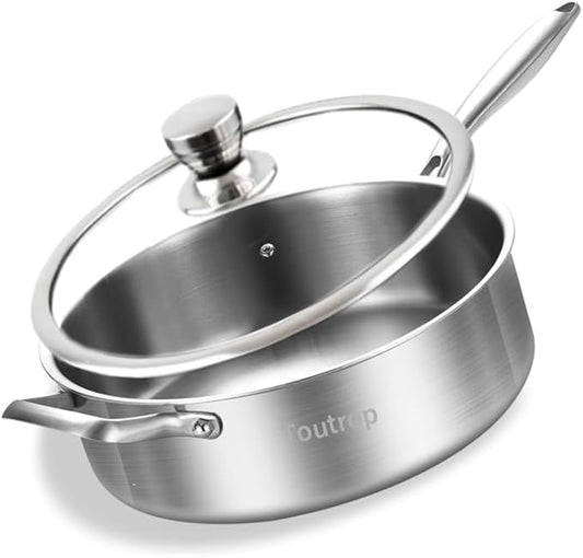 Tri-Ply Stainless Steel 8 Quarts Sauté Pan with Lid,13 Inch Induction Deep Frying Pan,Large Skillet, Dishwasher And Oven Safe,Detachable Handle
