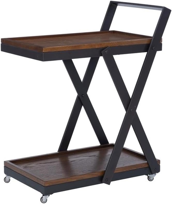 Linon Carley Dark Rustic Wood 2 Level Rolling Bar Cart with Metal Frame in Black