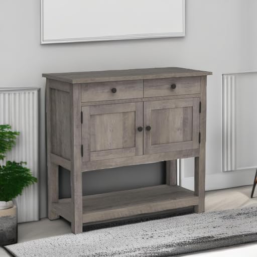 HOSTACK Farmhouse Console Table with 2-Door Cabinet & 2 Drawers, Coffee Bar, Entryway Table with Storage Shelf, Sofa Tables Buffet Sideboard for Kitchen, Hallway, Dining, Living Room, Ash Gray