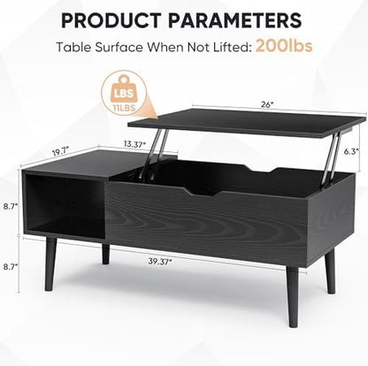 Sweetcrispy Coffee Table Lift Top Coffee Tables for Living Room,Small Rising Wooden Center Tables with Storage Shelf and Hidden Compartment, Black