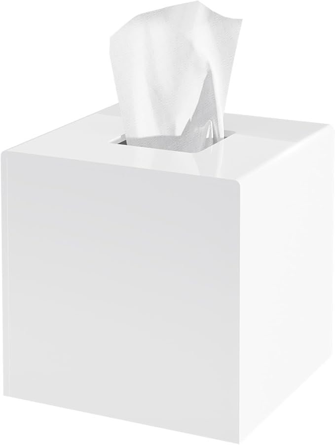 PITBVO Acrylic Tissue Box Cover, White Square Tissue Box Holder, Facial Napkin Dispenser for Bathroom Kitchen Bedroom Office Hotel Use
