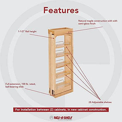 Rev-A-Shelf 6"W x 33"H Pull Out Quad Shelf Organizer for Wall & Base Kitchen Cabinets, Full Extension Filler Spice Rack, Adjustable, Wood, 432-WF33-6C