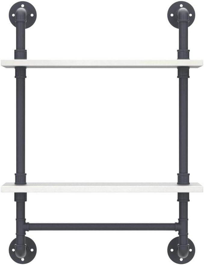Bathroom Shelves,19.6in Rustic Wood Shelf with Towel Bar,2 Tier Farmhouse Towel Rack Over Toilet,Pipe Shelving Floating Shelves Towel Holder,Black & White