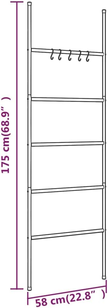 5-Tier Towel Ladder Rack, Wall Leaning Blanket Holder for Bathroom Bedroom Living Room, Modern Decorative Iron Storage Organizer, 68.9 Inches Tall, Black