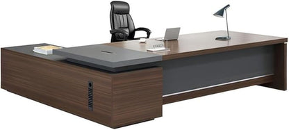 NIUYAO L-Shape Executive Computer Desk with Drawers - Brown/Grey Modern Writing Table with Storage Shelves - 71" L x 71" W x 29.5" H (Right)