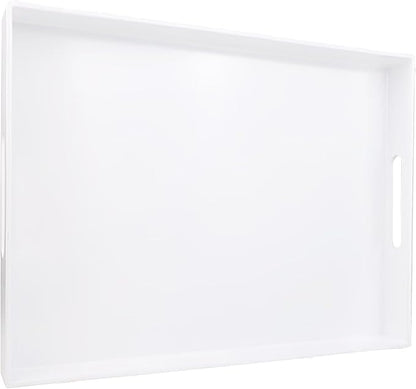 White Serving Tray for Coffee Table, Rectangular Plastic Decorative Tray with Handles for Entertaining, Outdoor Patio, Living Room, Ottoman, Bathroom Counter, 11.8”*15.7”*1.6”