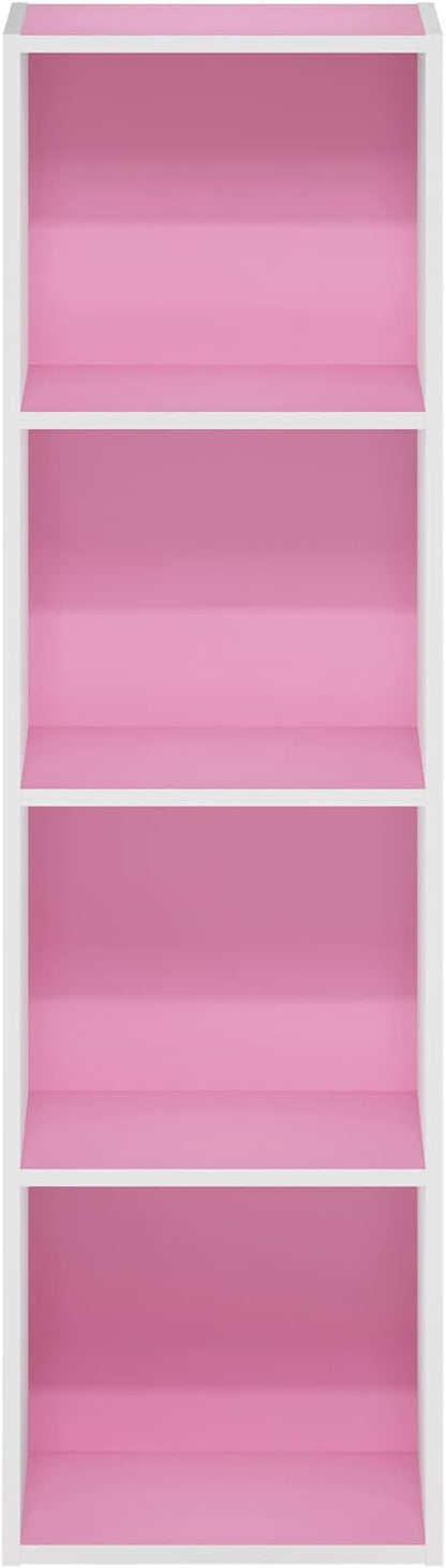 Furinno PASIR Book Shelf, 4-Tier Modern Bookshelf, Open Shelves Bookcase 9 x 12 x 42, for Living Room, Bedroom, Home Office, Pink/White