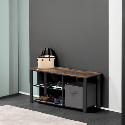 Simple Houseware 2 Tier Shoes Bench with Wood Top and Storage Bins, Rustic Brown