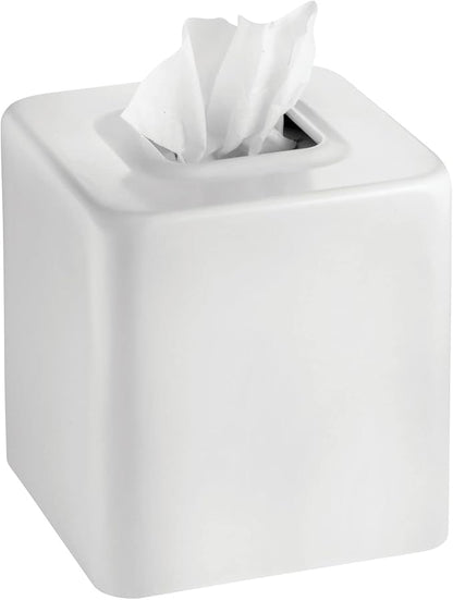 mDesign Steel Square Tissue Box Cover, Modern Facial Paper Holder for Bathroom Vanity Countertop, Bedroom Dresser, Night Stand, Desk, Office and End Table - Unity Collection - White