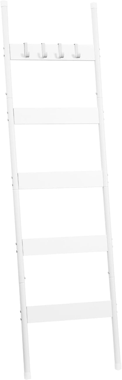 HOOBRO Blanket Ladder, 5-Tier Towel Rack with Hooks, Wall-Leaning Blanket Rack, Decorative Display Ladder Shelf, for Scarves, Industrial, Living Room, Bedroom, White WW52CJ01