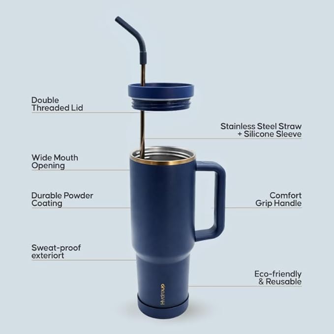40oz Travel Tumbler Cup with Handle, Two-Way Slider Lid, Stainless Steel Straw with Silicone Tip, Vacuum Insulated Water Bottle for Hot & Cold Drinks, Great Gifts for Mom (Blue Gold)