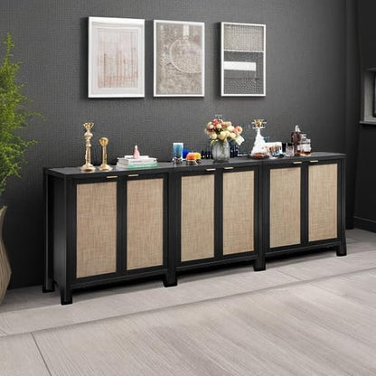 SICOTAS Rattan Sideboard Buffet Storage Cabinet - 3 Pieces Boho Farmhouse Coffee Bar Cabinet Credenza Cabinet with Storage and Rattan Decorated Doors for Home Kitchen, Black