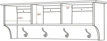 Prepac 48" Contemporary Wall Mounted Coat Rack, Coat Hooks Wall Mount with 3 Shelves, Ideal for Hallway or Entryway Hanging Solution, 11.5"D x 48"W x 14.25"H, White