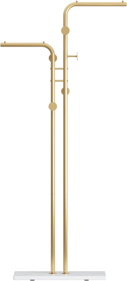 TIEOU Double-pole Metal Coat Rack, Gold Coat Rack Freestanding with 5 Hooks and Marble Base, Gold Clothing Rack, Modern Coat Hanger Stand for Entryway, Living Room, Bedroom