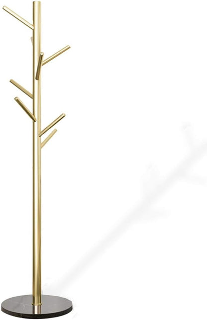 Jolitac Metal Coat Rack Stand Golden Satin Steel Finish Stable Marble Base, High-Grade with Hooks Metal Tree Hat & Coat Hanger Floor Free Standing Wall Bedroom Easy Assembly (Golden)