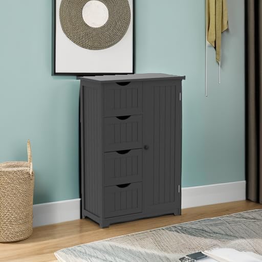 Tangkula Bathroom Floor Cabinet, Freestanding Storage Cabinet with 4 Drawers & Single Door, Adjustable Shelf, Multipurpose Bathroom Storage for Home Office, 21.5 x 12 x 32.5 Inches (Black)