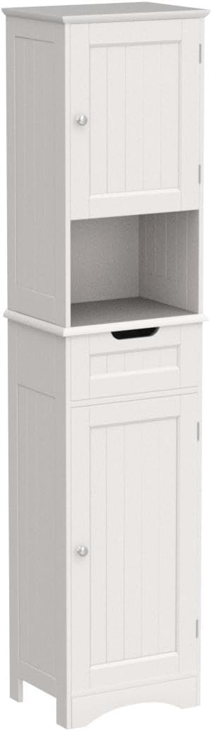 Gizoon 67" H Tall Bathroom Storage Cabinet, Narrow Storage Cabinet with 2 Doors & Drawer, Towel Cabinet with Freestanding Adjustable Shelves for Small Spaces, Kitchen, Living Room, Anti-Tipping, White
