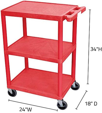 Luxor Multipurpose Storage Utility Cart 3 Shelves Structural Foam Plastic - Red