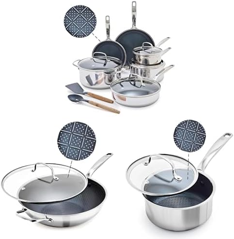Blue Diamond Hybrid Nonstick Stainless Steel 16 Piece Cookware Set, Tri-Ply PFAS-Free Ceramic Diamond Bond Pots & Pans, Dishwasher & Oven Safe to 850F, Induction Ready, Metal Utensil Safe, Silver