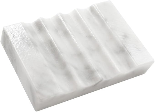 WeDoDecor Real Marble Soap Dish for Shower Stone Tray Small Bar Soap Holder with Self Draining | Non-Slip, Luxury Bath Room Accessories (White)