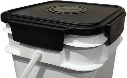 House Naturals 4 Gallon Square Food Grade Bucket Pail with Plastic Handles and Lid (Pack of 3) Made in USA containers (White - Black lids)