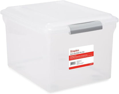 STAPLES Store & Slide Plastic File Box Latching, Letter/Legal Size, Clear, 2/Pack