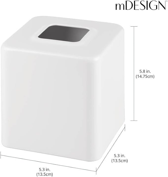 mDesign Steel Square Tissue Box Cover, Modern Facial Paper Holder for Bathroom Vanity Countertop, Bedroom Dresser, Night Stand, Desk, Office and End Table - Unity Collection - White