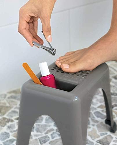 Easy Reach Foot Rest for Shower & Pedicures – Safe Non-Slip Stool for Shaving Legs, Foot Care, Nail Polish & Grooming – Small, Stackable, Drainable Pocket, Rubber Feet – Made in USA