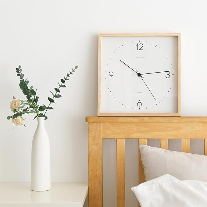 mooas Wooden Frame Flatwood Wall Clock,12" Non-Ticking Sweep Movement Decorative Wood Battery Operated Wall Clock for Home Living Room Kitchen Bedroom Office School Cafe (Light Brown)