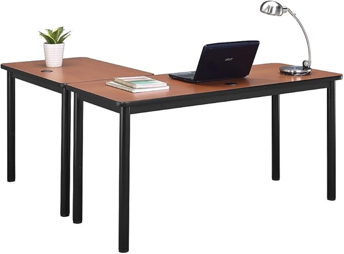 nbf signature series Stahl L-Shaped Executive Office Desk - Durable Gray Laminate Computer Desk with Black Steel Frame - Modern Desk with 2 Grommet Holes - 60" W x 60" D Office Work Desk