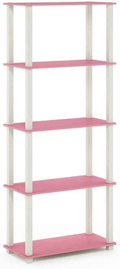 Furinno Turn-N-Tube 5-Tier Multipurpose Shelf / Display Rack / Storage Shelf / Bookshelf, Square Tubes, Pink/White