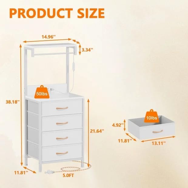Furnulem White Nightstand, 38 inches Tall Night Stand with Charging Station and LED Lights, Bedside Table for Bedroom, Office, Hallway, 4 Fabric Drawers, Metal Frame, Wood Shelves