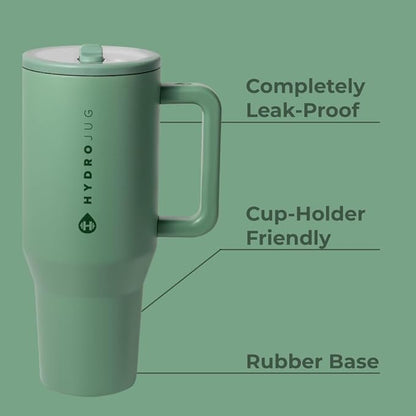 HydroJug Traveler - 32 oz Water Bottle with Handle & Flip Straw - Fits in Cup Holder, Leak Resistant Tumbler-Reusable Insulated Stainless Steel & Rubber Base - Gifts for Women & Men, Sage